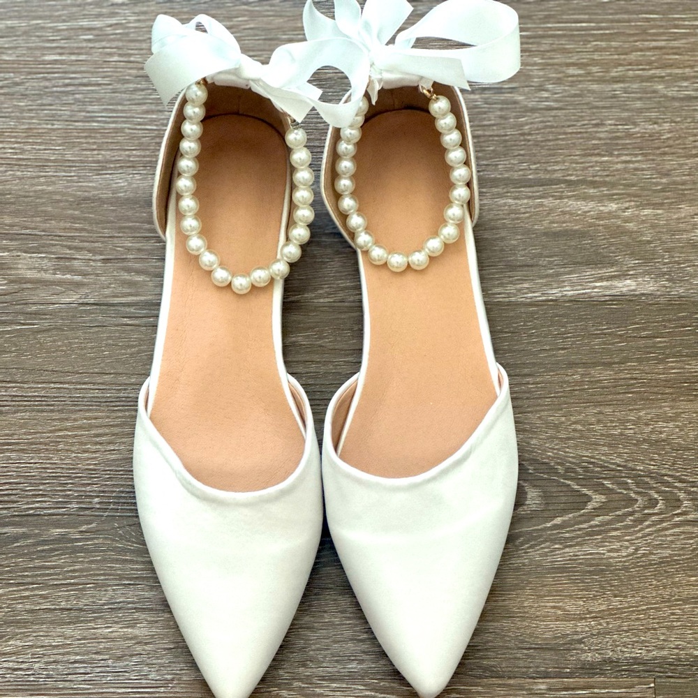White satin pearl flats